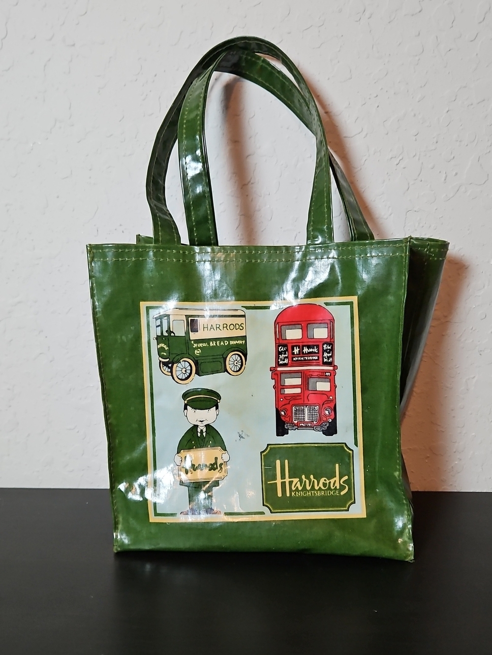 Harrods Green Glossy Tote with London Motif